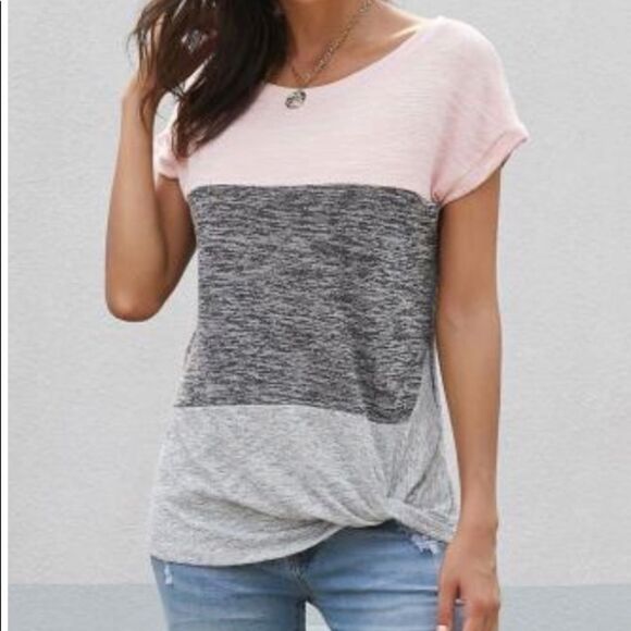 💝Pink color block twisted hem tee - Picture 1 of 4